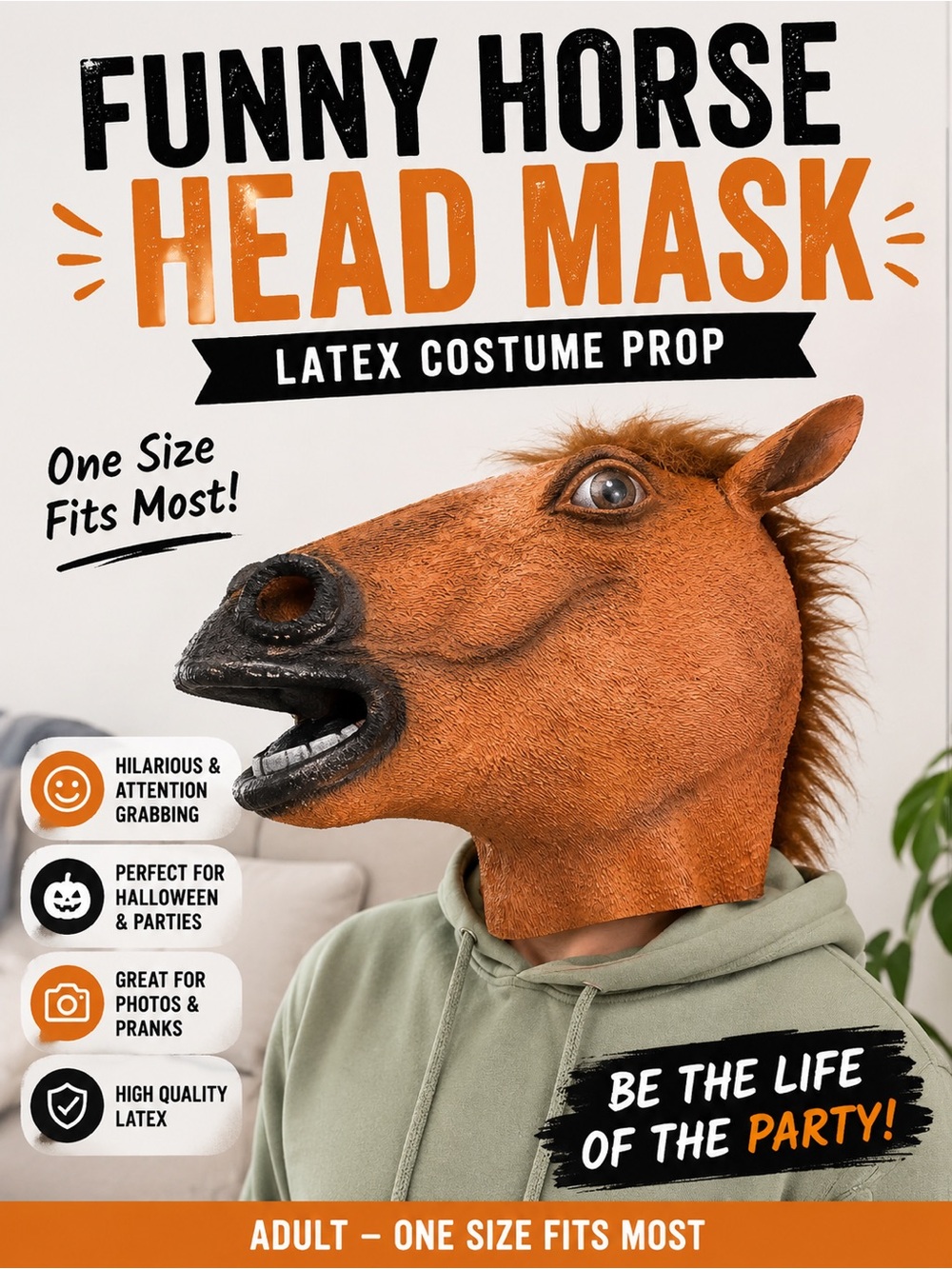 Funny Brown Horse Head Mask Latex Costume Prop – Adult One Size
